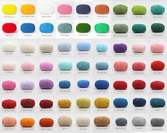 May include: A collection of 60 yarn balls in various colours, including red, blue, green, yellow, pink, orange, purple, brown, and white. Each ball is labelled with a number and a colour name.