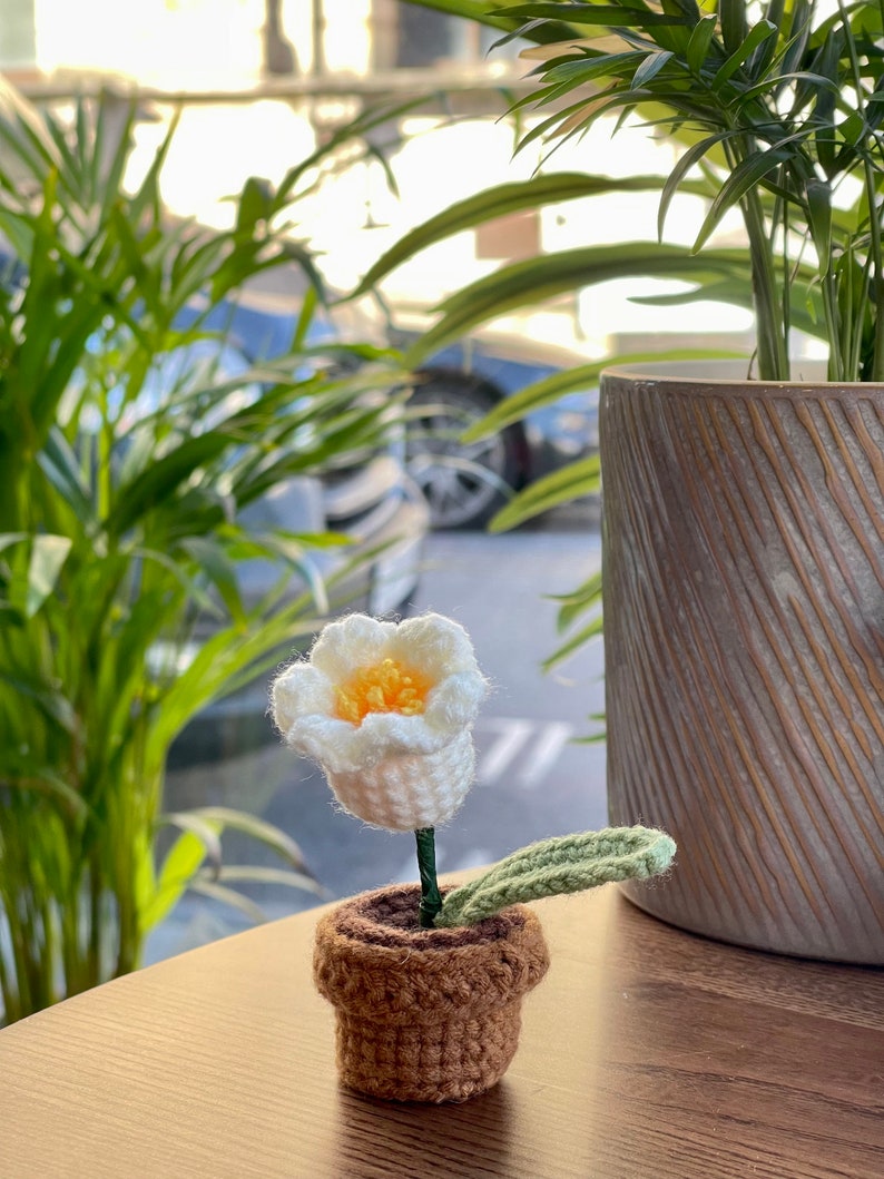 May include: A crocheted white flower with a yellow center in a brown crocheted pot. The flower has a green stem and leaves.