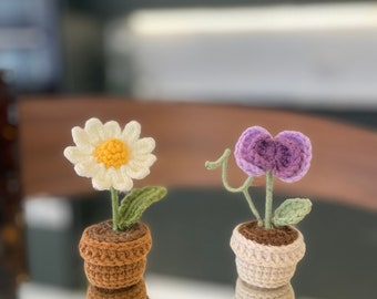 Crochet April Birth Flower Set – Daisy & Sweet Pea in Pot – Handmade Birthday Gift, Crochet Floral Desk Decor