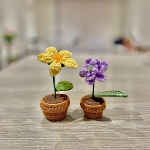 May include: Two crocheted potted plants, one with a yellow flower and one with a purple flower. The pots are brown and the plants have green leaves.