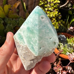 May include: A light green and white celestite crystal point with a rough, natural texture. The crystal has a unique, swirling pattern and several small holes.