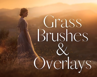 May include: A woman in a light blue dress stands in a field of tall grass at sunset. The text "Grass Brushes & Overlays" is superimposed on the image.