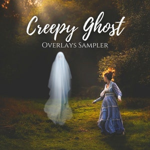 May include: A woman in a blue dress runs away from a translucent white ghost in a woodland setting. The text "Creepy Ghost Overlays Sampler" is at the top of the image.