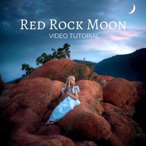 May include: A young person in a light blue dress sits on red rocks under a cloudy sky with a crescent moon. The text "Red Rock Moon VIDEO TUTORIAL" is displayed in white at the top of the image.