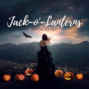 May include: A digital art piece featuring a woman in a black dress standing before a mountain range at dusk. The text "Jack-o'-Lanterns Overlay Set" is displayed above a row of carved pumpkins with glowing faces and a bat.