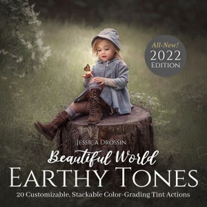 May include: A young girl wearing a blue coat and brown boots sits on a tree stump in a grassy field. She is looking at a butterfly that is flying near her. The image is titled "Beautiful World Earthy Tones" and says "20 Customizable, Stackable Color-Grading Tint Actions".