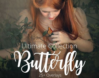 May include: A digital illustration of a butterfly with a soft, dreamy aesthetic. The butterfly is in shades of orange, yellow, and black. The text "Ultimate Collection Butterfly 25+ Overlays" is below the butterfly.