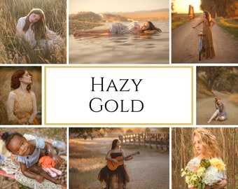 May include: A collage of images showcasing a variety of people in different settings, all with a warm, golden hue. The text "HAZY GOLD" is prominently displayed in the center of the collage, along with the phrase "For Lightroom Desktop & Mobile".