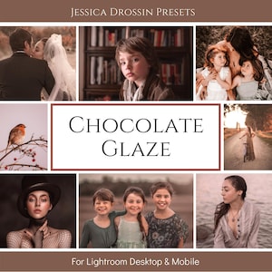May include: A collage of images showcasing the "Chocolate Glaze" Lightroom presets. The images feature a variety of subjects, including a couple, children, a bird, and a woman. The images are all edited in a warm, brown tone.