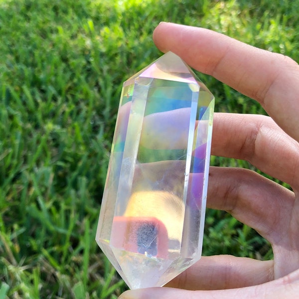 Angel Aura Quartz Double Terminated Crystal. High Vibration Aura Protective crystal fore reiki, pranic healing, wicca. Metaphysical crystals