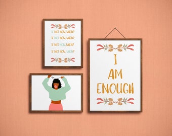 Ich bin genug Sammlung, Pfirsich und Gold, Zitat Poster, warme Wandkunst, Erde Ton, Zitat Druck, moderne Kunst, digitale Kunstdruck, schwarze Mädchen Kunst