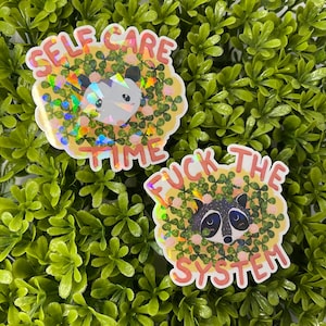Adesivos holográficos Cottagecore Self Care Gambá e Sassy Raccoon