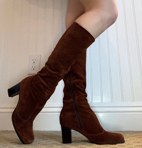 1960s 1970s brown suede leather knee high go go bo