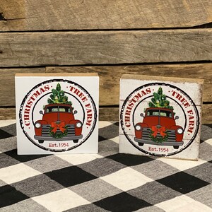 Red Truck Christmas Tree Farm Block Sign: Tiered Tray Decor