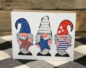 4th of July Gnome Trio Wooden Block: Patriotic Tiered Tray Decor