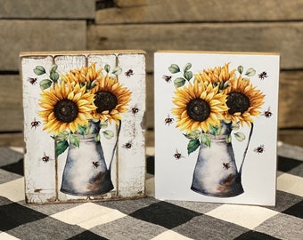 Sunflower & Bees Wooden Block: Farmhouse Tiered Tray Decor