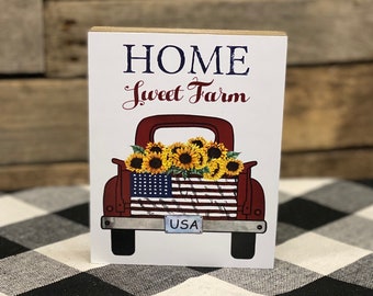 Home Sweet Farm Patriotic Sunflower Truck Wooden Block Sign, 4th of July Home Decor, Tiered Tray Decor, Summer Tiered Tray Decor, Sunflowers