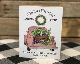 Fresh Picked Garden Herbs Vintage Truck Wooden Block Sign, Garden Tiered Tray Decor, Farmhouse Home Decor, Herbs Decor, Small Vintage Sign