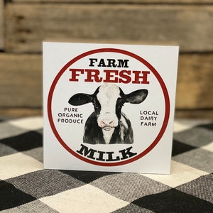 Farm Fresh Milk Square Wooden Block Sign, Farmhouse Tiered Tray Decor, Farmhouse Home Decor, Cow Tiered Tray, Mini Cow Signs, Holstein Cow