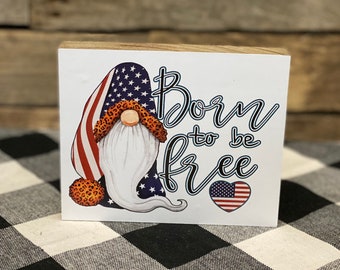 4th of July Gnome Wooden Block Sign: Patriotic Tiered Tray Decor