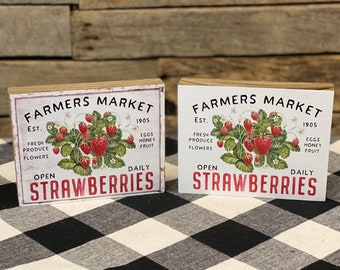 Farmers Market Strawberries Wooden Block Sign, Strawberry Sign, Strawberry Tiered Tray, Strawberry Decor, Summer Home Decor