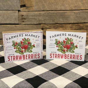 Farmers Market Strawberries Wooden Block Sign, Strawberry Sign, Strawberry Tiered Tray, Strawberry Decor, Summer Home Decor