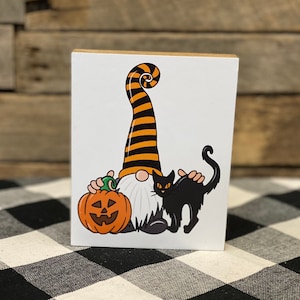 Halloween Gnome with Jack O Lantern and Black Cat Wooden Block Sign, Halloween Tiered Tray, Halloween gnome, Fall Decor, Fall tiered tray