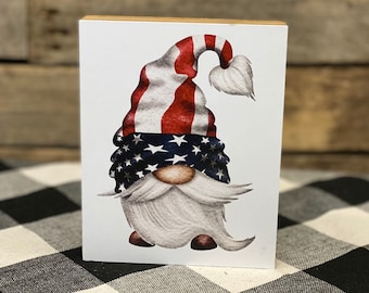 American Flag Gnome Wooden Block: 4th of July Tiered Tray Decor