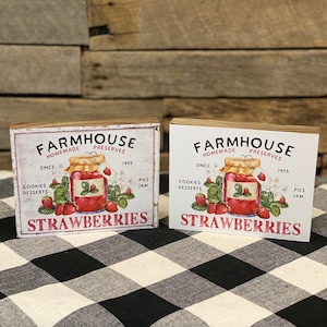 Farmhouse Strawberries Wooden Block Sign, Strawberry Jelly Jam Sign, Strawberry Tiered Tray, Summer Tiered Tray, Preserves Decor, Jam Decor