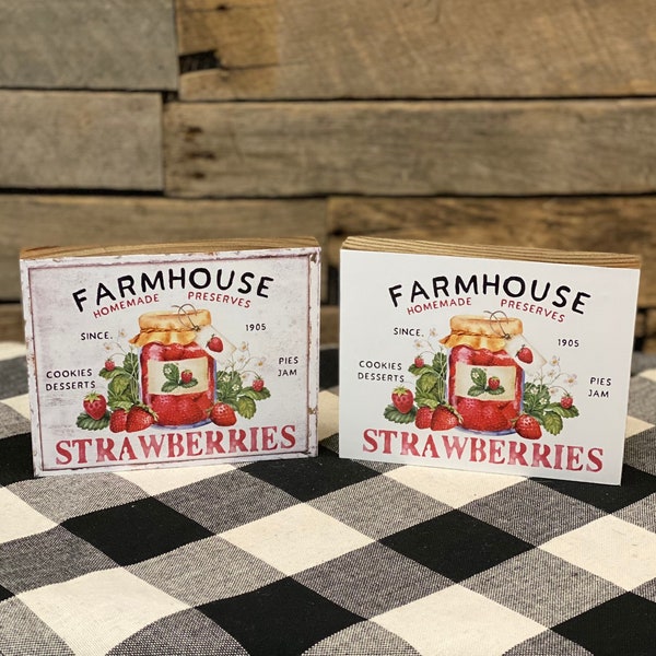 Farmhouse Strawberries Wooden Block Sign, Strawberry Jelly Jam Sign, Strawberry Tiered Tray, Summer Tiered Tray, Preserves Decor, Jam Decor