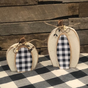 White Buffalo Check Wooden Pumpkin, Farmhouse Pumpkins, Gingham Pumpkins, Black and White Buffalo Check, Fall Farmhouse Decor, Country Fall
