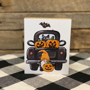 Halloween Gnome Truck Wooden Block Sign: Spooky Tiered Tray Decor