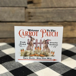 Welcome to the Carrot Patch with Bunnies Wooden Block Sign, Bunny carrot decor, spring tiered tray Sign, Farmhouse Spring Sign