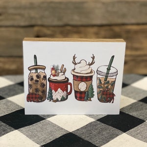 Christmas Latte Drinks Wooden Block Sign: Tiered Tray Decor
