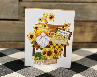 Sunflower Love Gnome Wooden Block Sign, Sunflower Tiered Tray, Fall Tiered Tray, Fall Home Decor, Fall Gnome Decor