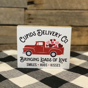 Cupids Delivery Co Truck Valentines Wooden Block Sign, Valentines Tiered Tray, Valentines Gifts, Valentines Vintage Truck, Tiered Tray Signs