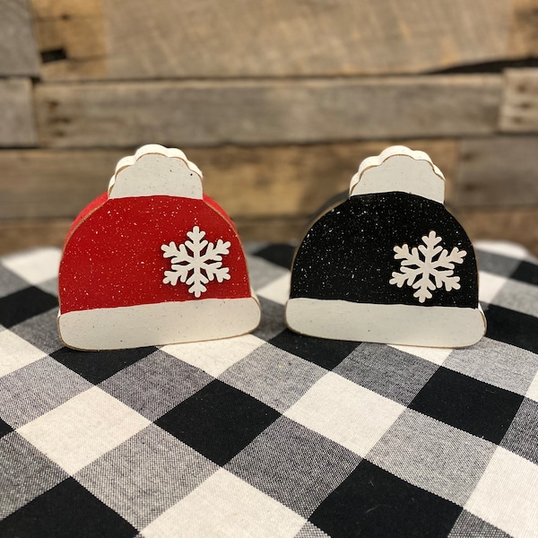 Red OR Black Wooden Beanie Hat with Snowflake, Winter Tiered Tray Decor, Christmas Decor, Hand painted Decor, Gena’s Country Accents