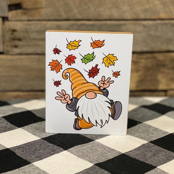 Fall Gnome Playing in Leaves Wooden Block Sign, Fall Tiered Tray Decor, Fall Gnome Decor, Autumn Gnome