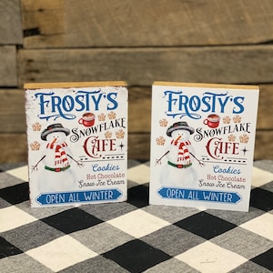 Frosty&#39;s Snowflake Cafe Wooden Block Sign: Christmas Tiered Tray Decor