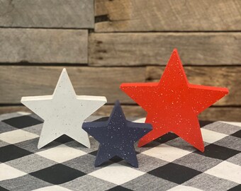 Set of 3 Red, White, and Blue Wooden Painted Stars, 4th of July Tiered Tray, 4th of July Stars, Summer Tiered Tray, Wooden Stars, patriotic