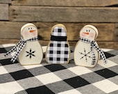 Set of 3 Black and White Gingham Small Snowman, Snowman Home Decor, Country Christmas, Farmhouse Christmas, Gingham Home Decor, Snowflake