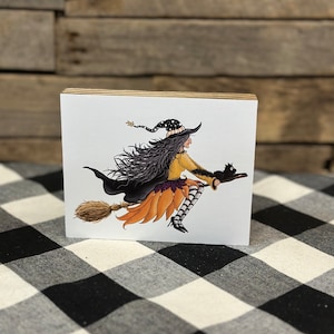 Witch on Broomstick Halloween Wooden Block Sign, Halloween Tiered Tray Decor, witch Sign, black cat Decor, Fall Decor, Tiered Tray Sign