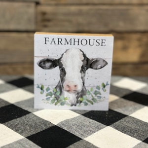 Farmhouse Cow with Eucalyptus Wooden Block Sign, Farm Animals Sign, Farmhouse Kitchen Decor, Holstein Cow, tiered Tray decor