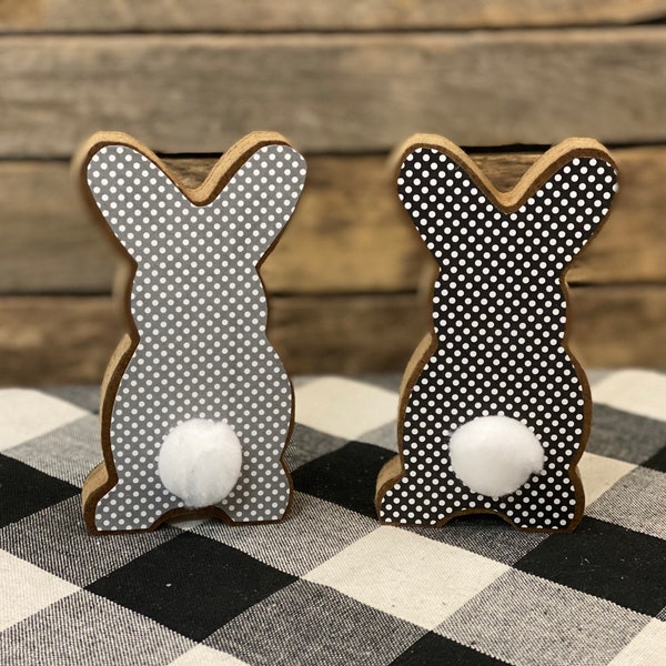 Small Polka Dot Wooden Bunny, Black and White Polka Dot Bunny, Farmhouse Spring Decor, Easter Tiered Tray, Spring Bunny