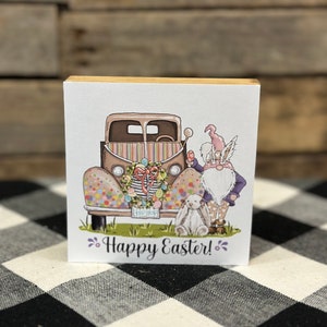 Happy Easter Gnome Wooden Block Sign, Easter Gnome, Easter Bunny Decor, Easter Tiered Tray Sign, Mini tiered Tray signs, spring Decor