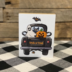 Halloween Truck Wooden Block Sign: Ghost, Pumpkin, Black Cat Decor
