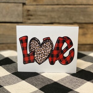 Buffalo Check Cheetah Love Wooden Block Sign - Valentines Tiered Tray Decor