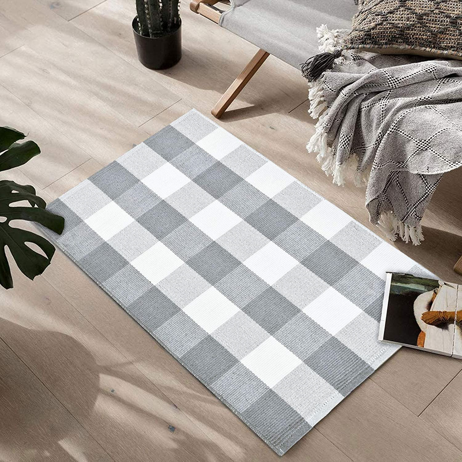 Navy Blue White Plaid Rug Indoor Porch Checkered Rug, Washable