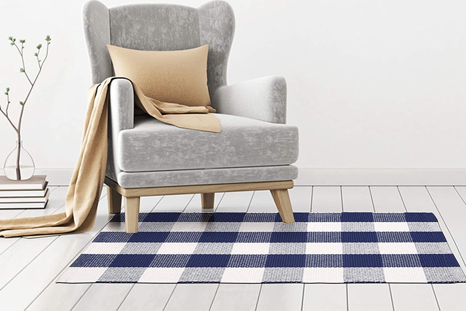 Navy Blue White Plaid Rug Indoor Porch Checkered Rug Washable Etsy