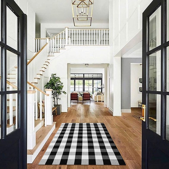 Front Door Rug Black and White Outdoor Rug, Black Door Mat Porch Rug, Black  and White Kitchen Rugs Layered Farmhouse Doormat Welcome Layering Carpet  Entryway Small Indoor Cotton Woven Washable